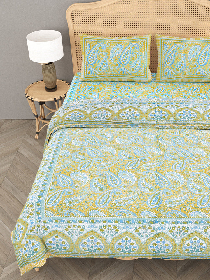 Green-&-Blue-Cotton-Floral-Print-Bedding-Set