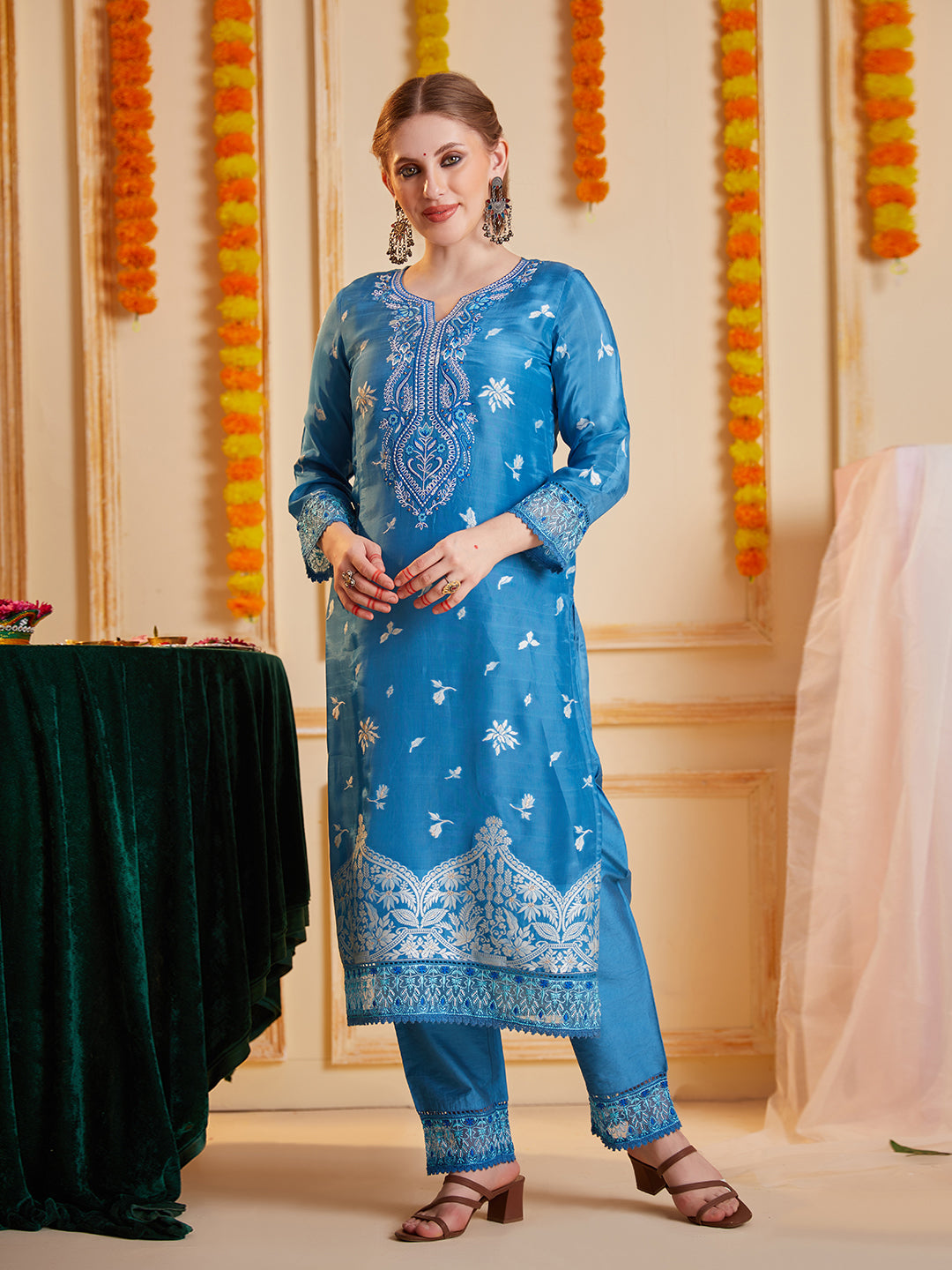 Blue-Silk-Blend-Jacquard--Embroidered-3-Piece-Kurta-Set