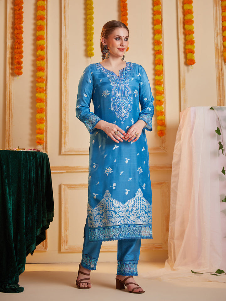 Blue-Silk-Blend-Jacquard--Embroidered-3-Piece-Kurta-Set