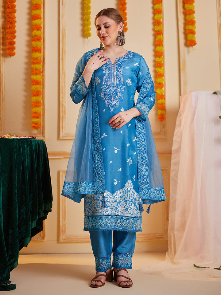 Blue-Silk-Blend-Jacquard--Embroidered-3-Piece-Kurta-Set