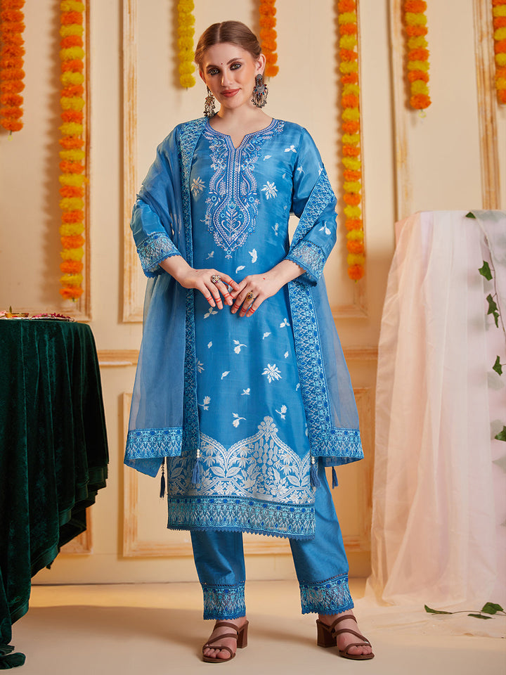 Blue-Silk-Blend-Jacquard--Embroidered-3-Piece-Kurta-Set
