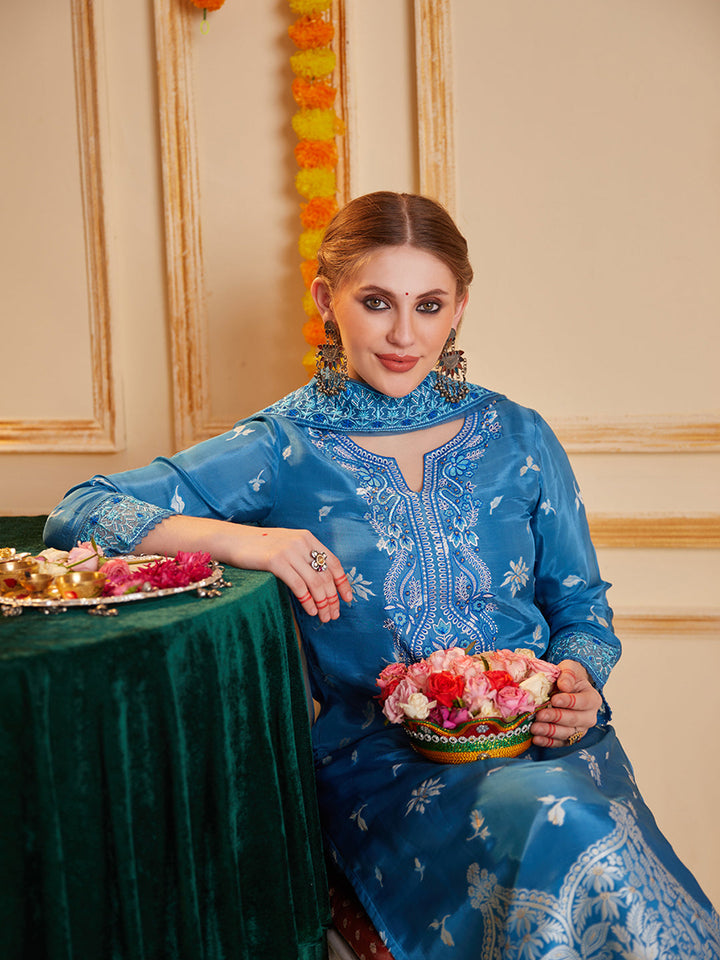Blue-Silk-Blend-Jacquard--Embroidered-3-Piece-Kurta-Set