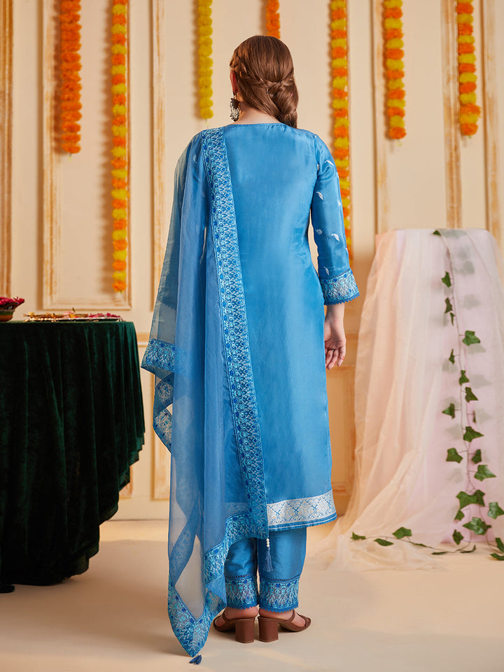 Blue-Silk-Blend-Jacquard--Embroidered-3-Piece-Kurta-Set