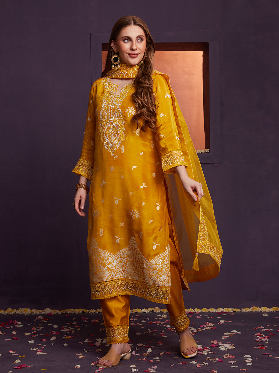 Mustard-Silk-Blend-Jacquard-Embroidered-3-Piece-Kurta-Set