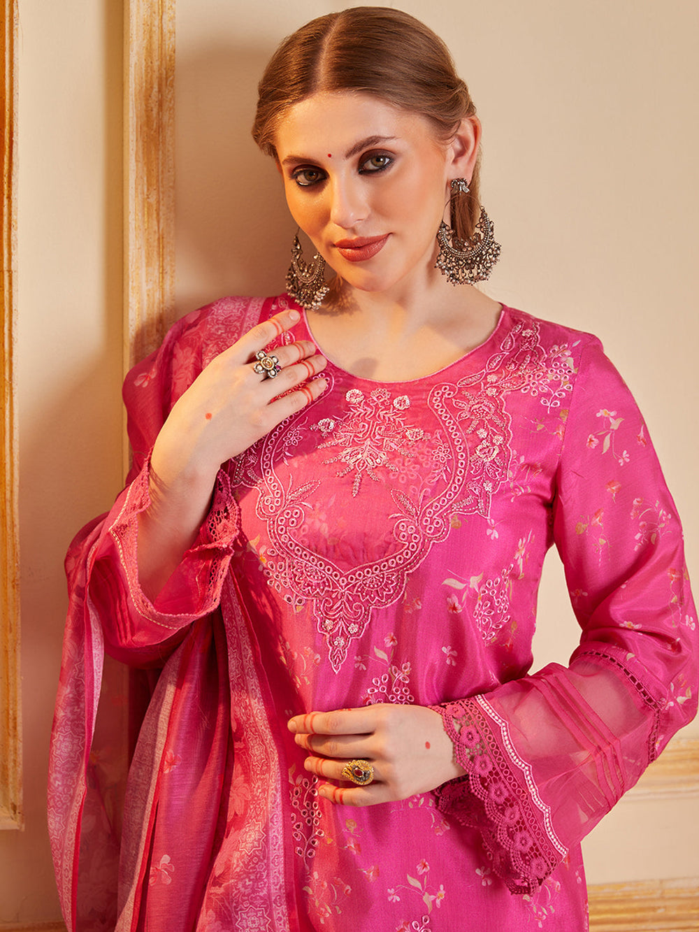 Pink-Silk-Blend-Floral-Printed-Embroidered-3-Piece-Kurta-Set