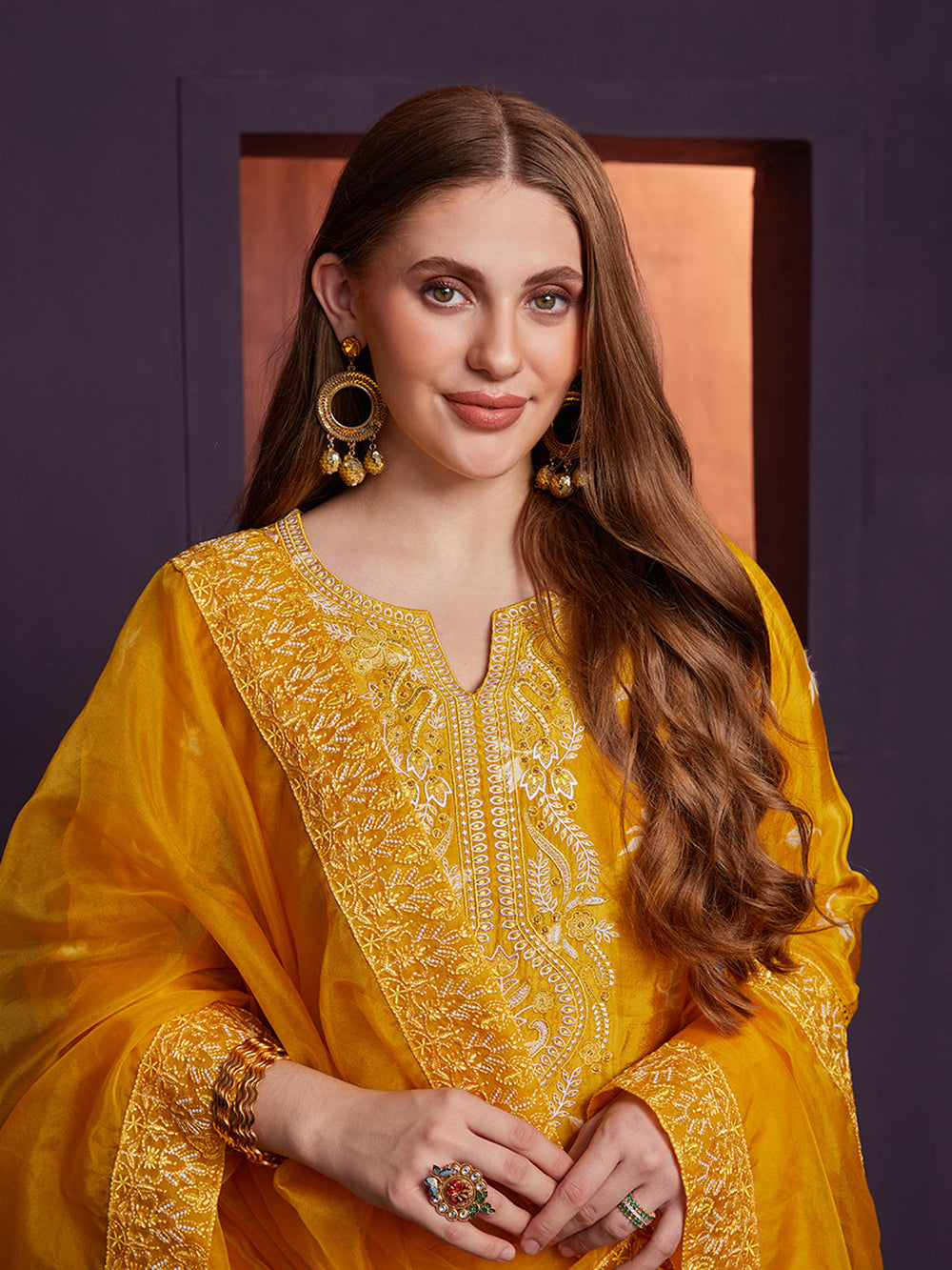 Mustard-Silk-Blend-Jacquard-Embroidered-3-Piece-Kurta-Set