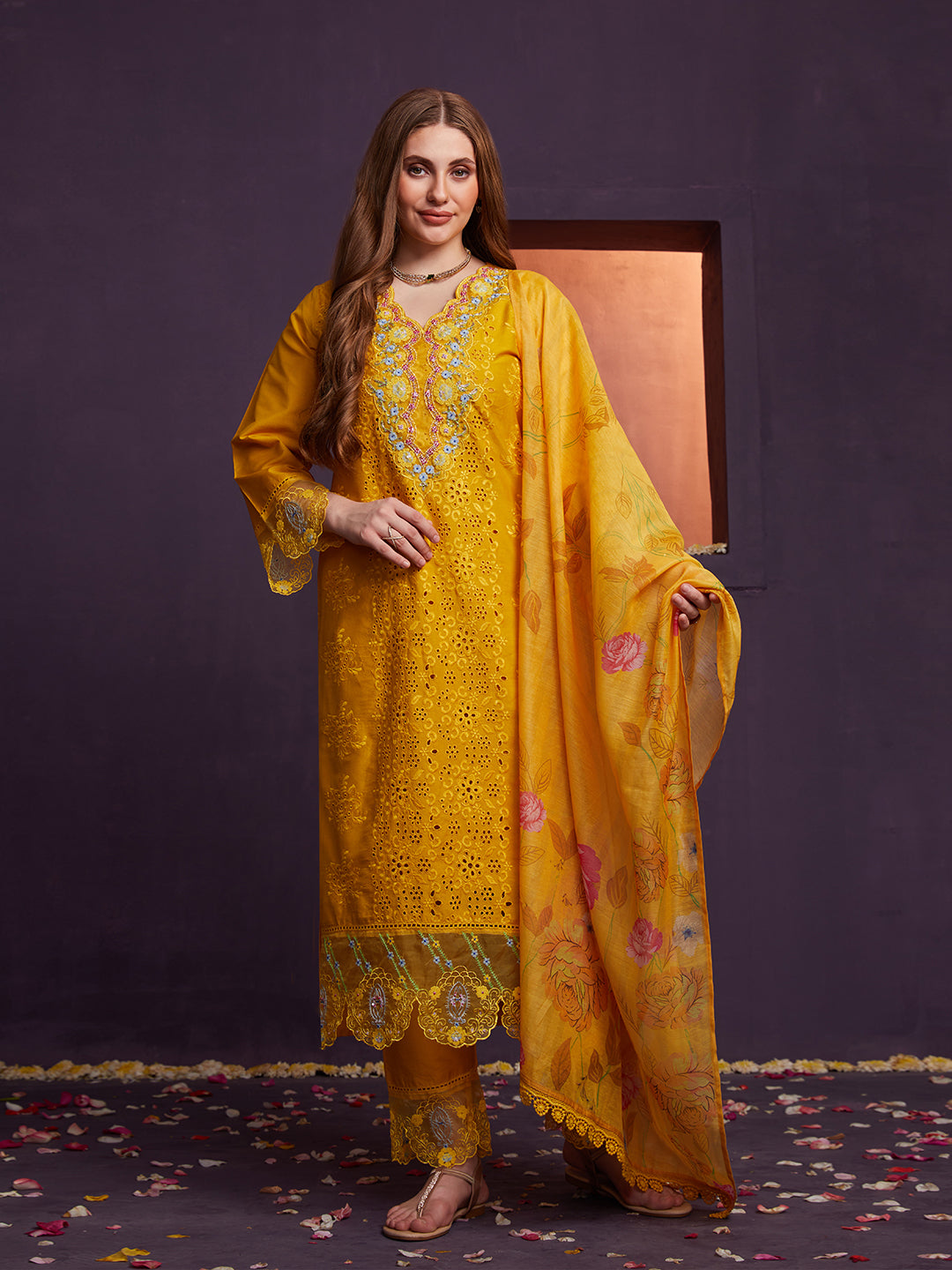 Yellow-Poly-Chanderi-Schiffli-Embroidered-3-Piece-Kurta-Set