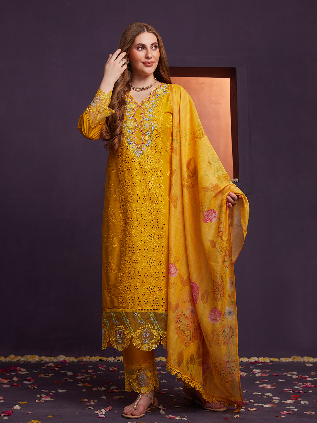 Yellow-Poly-Chanderi-Schiffli-Embroidered-3-Piece-Kurta-Set