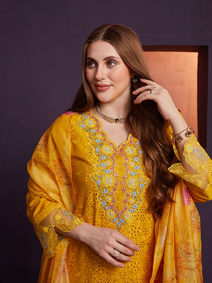 Yellow-Poly-Chanderi-Schiffli-Embroidered-3-Piece-Kurta-Set