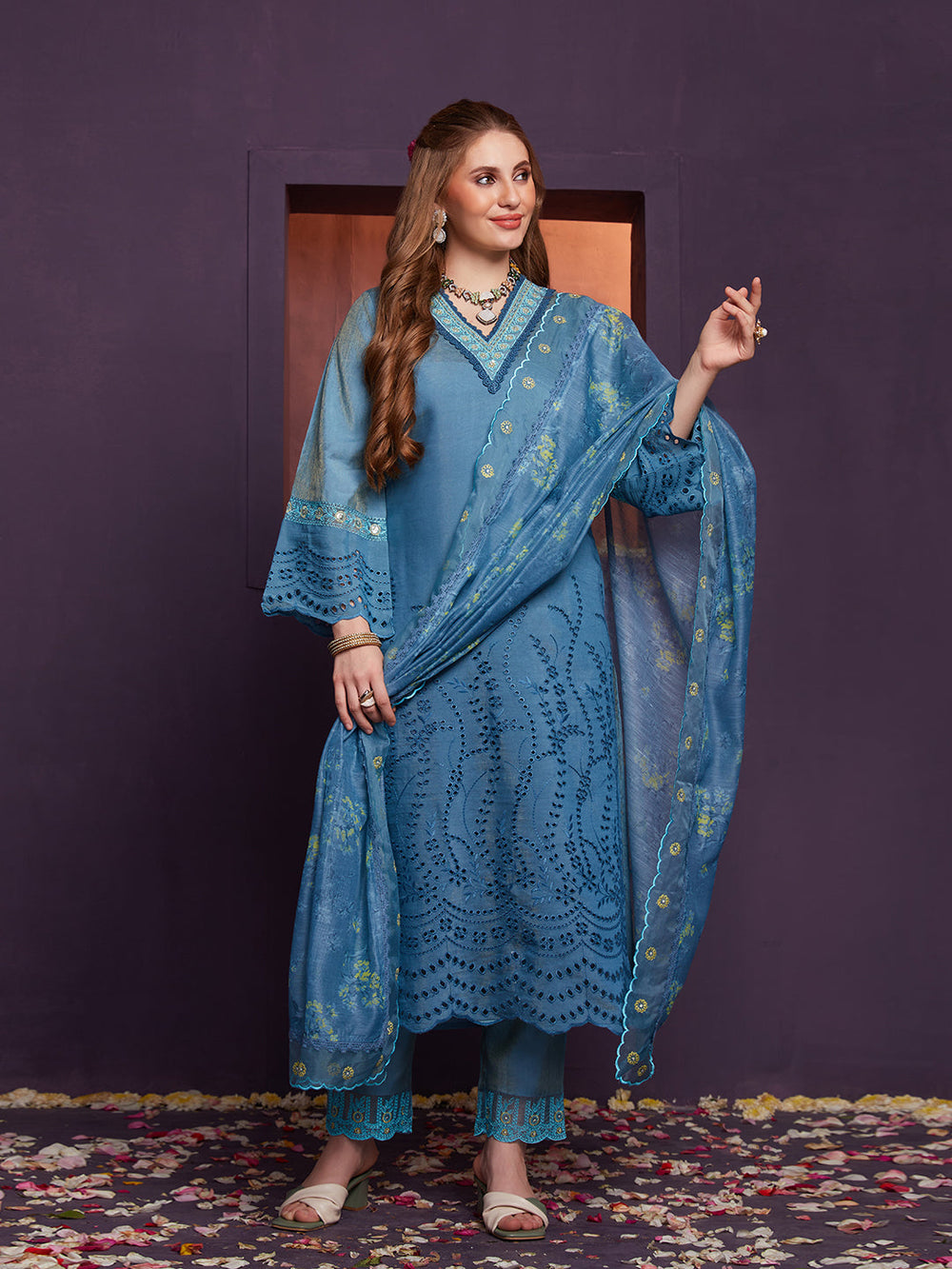 Blue-Silk-Blend-Schiffli-Embroidered-3-Piece-Kurta-Set