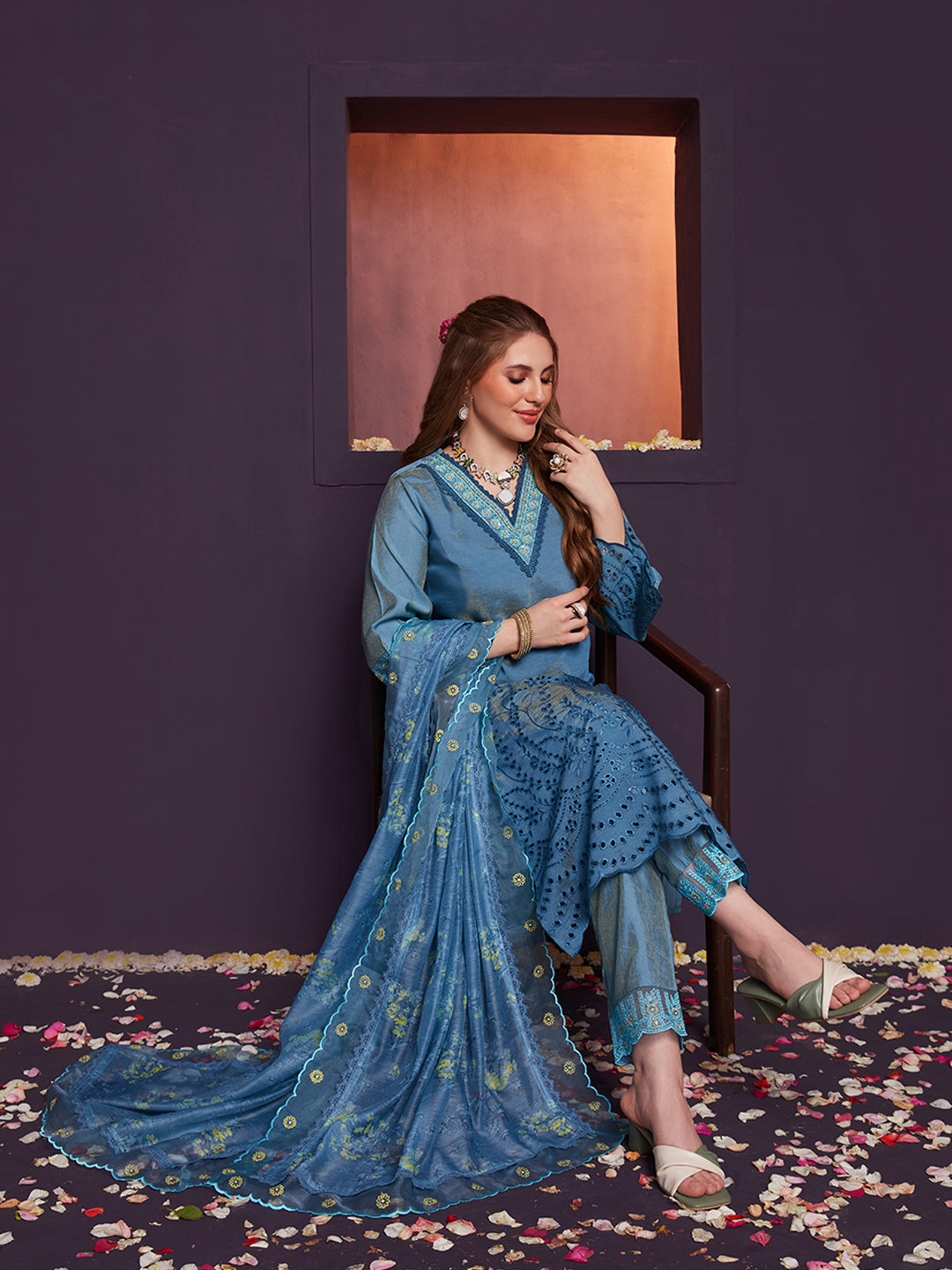 Blue-Silk-Blend-Schiffli-Embroidered-3-Piece-Kurta-Set