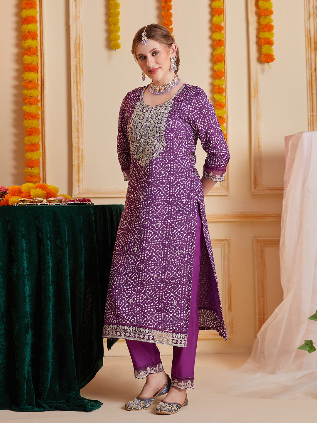 Purple-Silk-Blend-Bandhani-Print-3-Piece-Kurta-Set