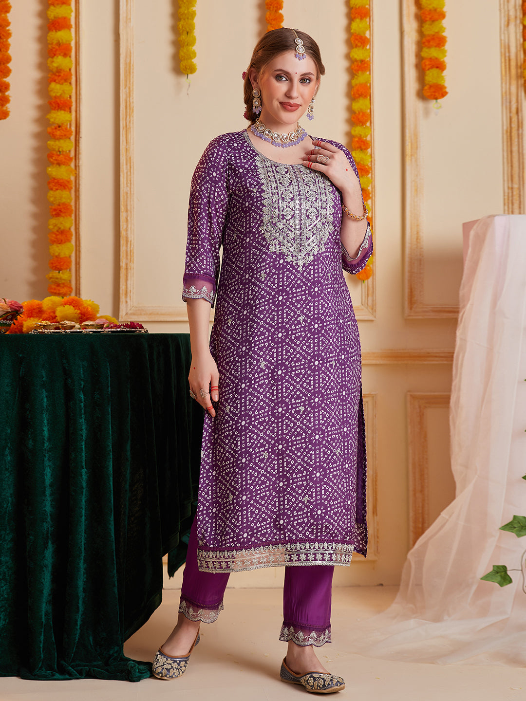 Purple-Silk-Blend-Bandhani-Print-3-Piece-Kurta-Set