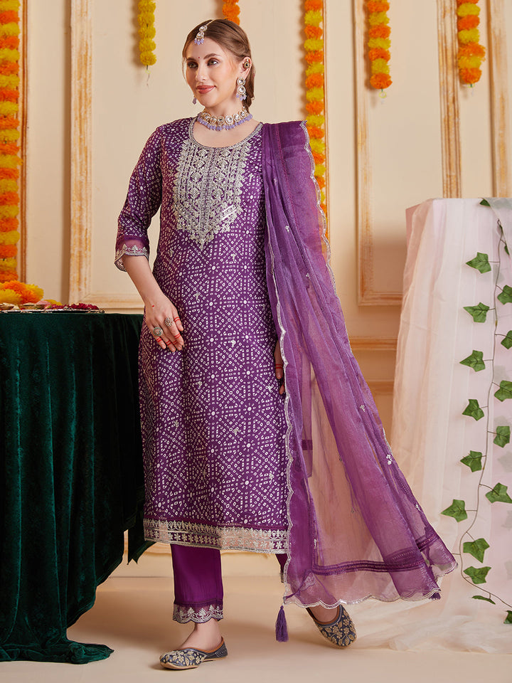 Purple-Silk-Blend-Bandhani-Print-3-Piece-Kurta-Set