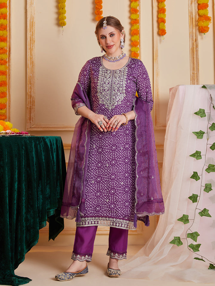 Purple-Silk-Blend-Bandhani-Print-3-Piece-Kurta-Set