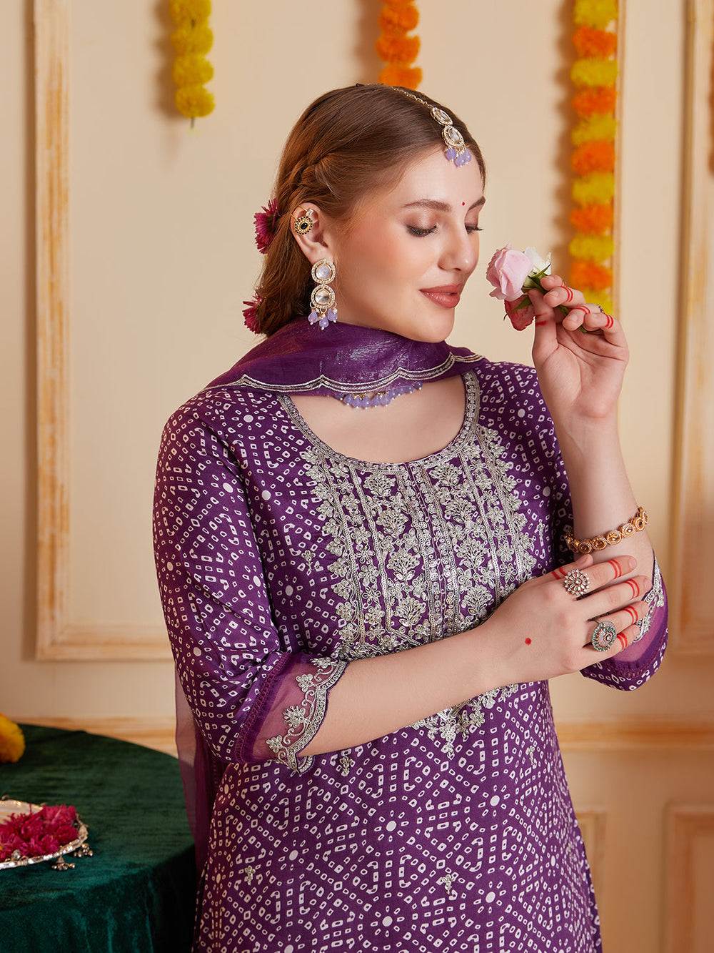 Purple-Silk-Blend-Bandhani-Print-3-Piece-Kurta-Set