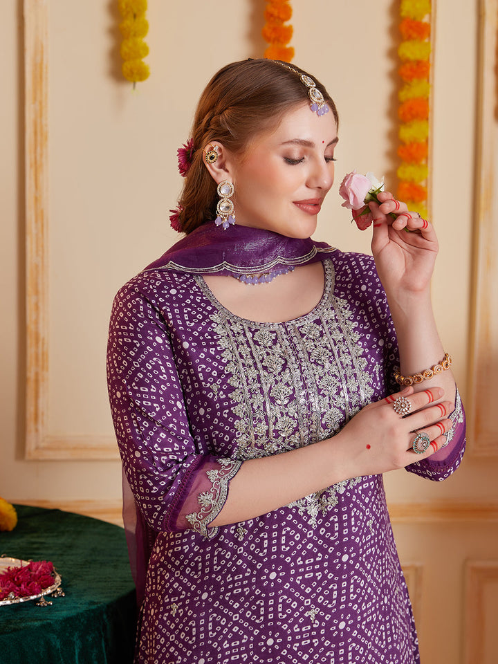 Purple-Silk-Blend-Bandhani-Print-3-Piece-Kurta-Set