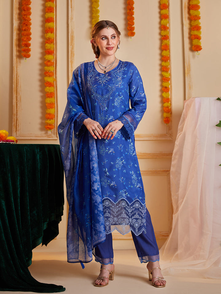 Blue-Silk-Blend-Floral-Printed-3-Piece-Kurta-Set