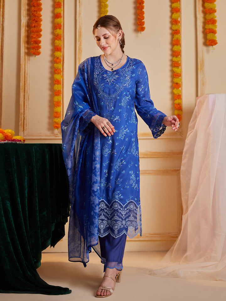 Blue-Silk-Blend-Floral-Printed-3-Piece-Kurta-Set