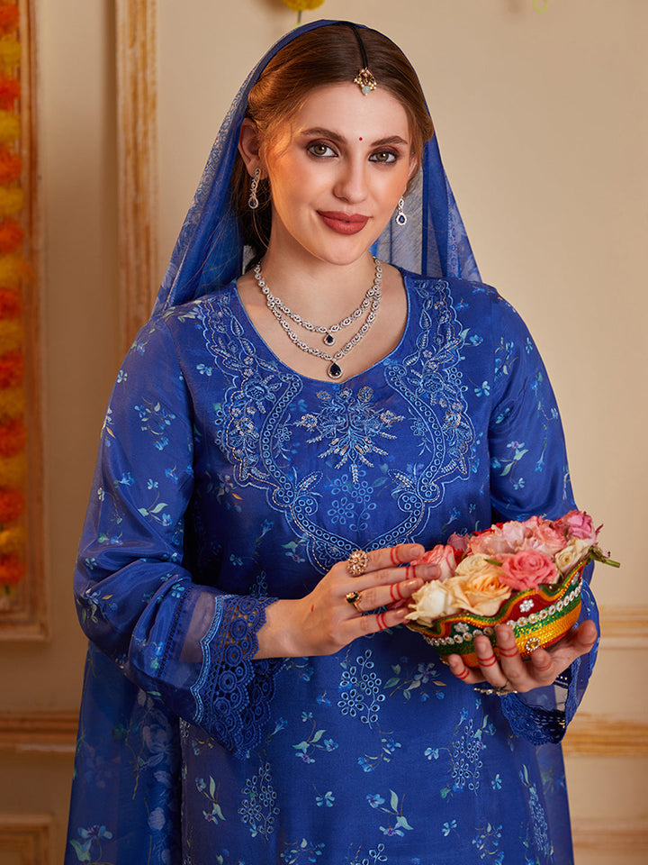 Blue-Silk-Blend-Floral-Printed-3-Piece-Kurta-Set
