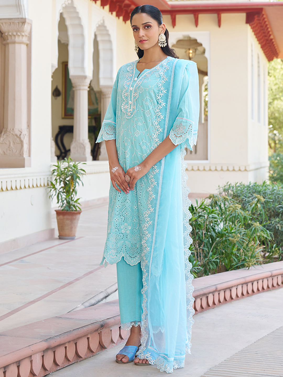 Blue-Cotton-Schiffli-Embroidered-3-Piece-Kurta-Set