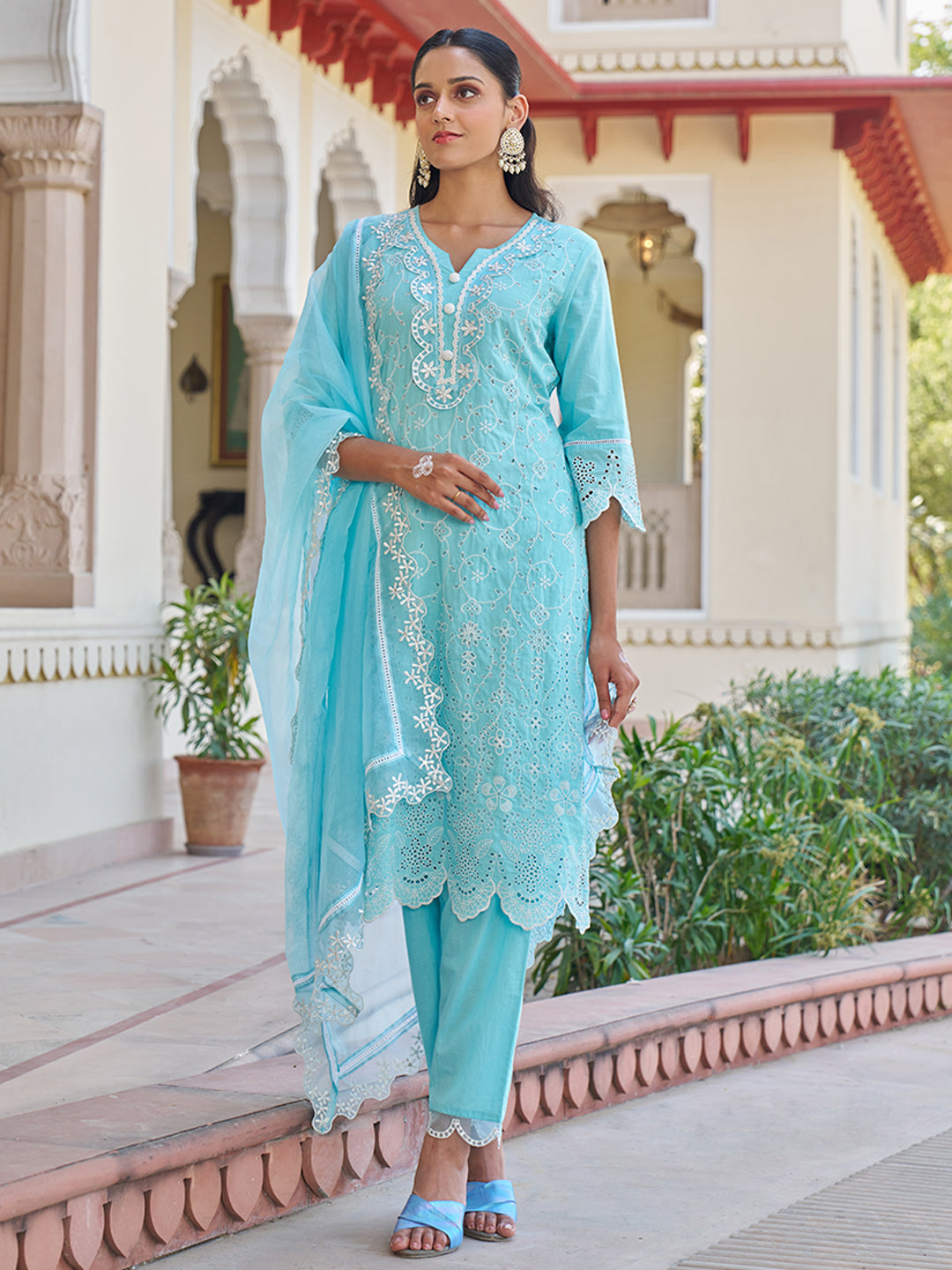 Blue-Cotton-Schiffli-Embroidered-3-Piece-Kurta-Set