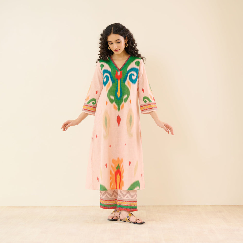 Peach-Cotton-Ikat-2-Piece-Kurta-Set
