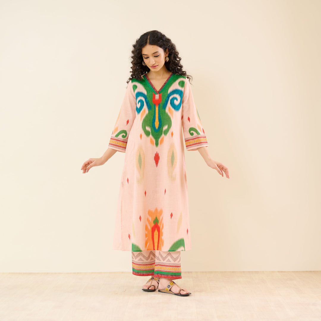 Peach-Cotton-Ikat-2-Piece-Kurta-Set
