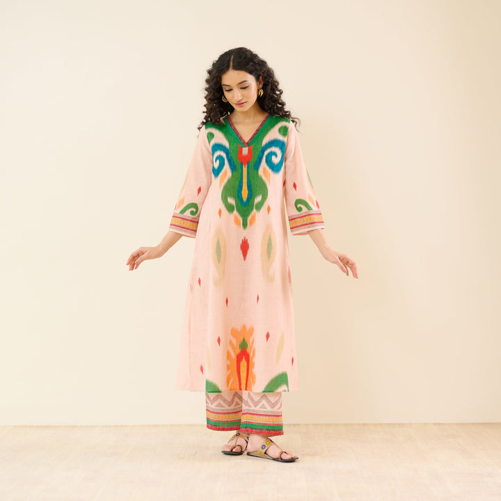 Peach-Cotton-Ikat-2-Piece-Kurta-Set