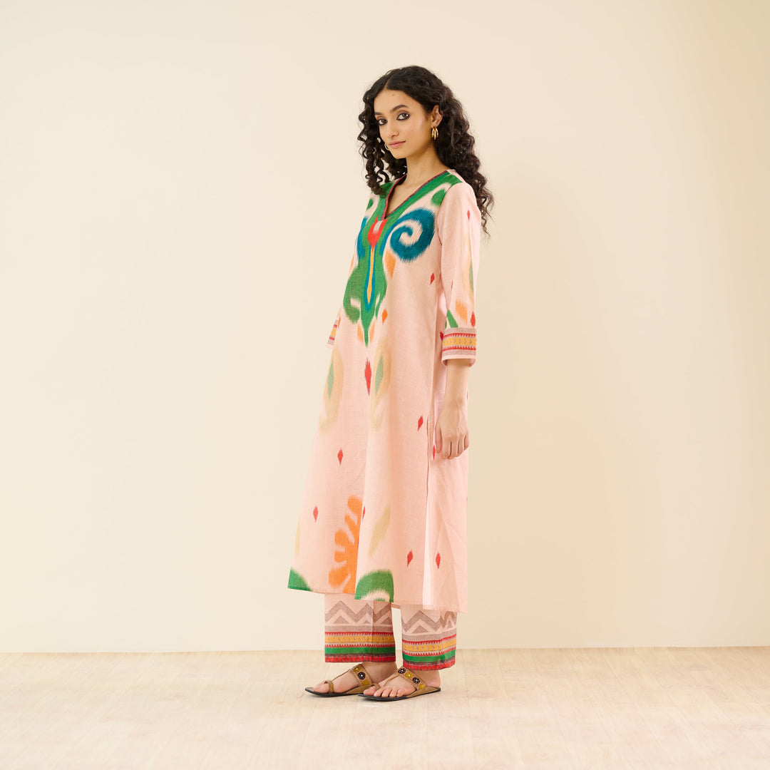 Peach-Cotton-Ikat-2-Piece-Kurta-Set