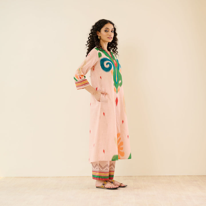 Peach-Cotton-Ikat-2-Piece-Kurta-Set