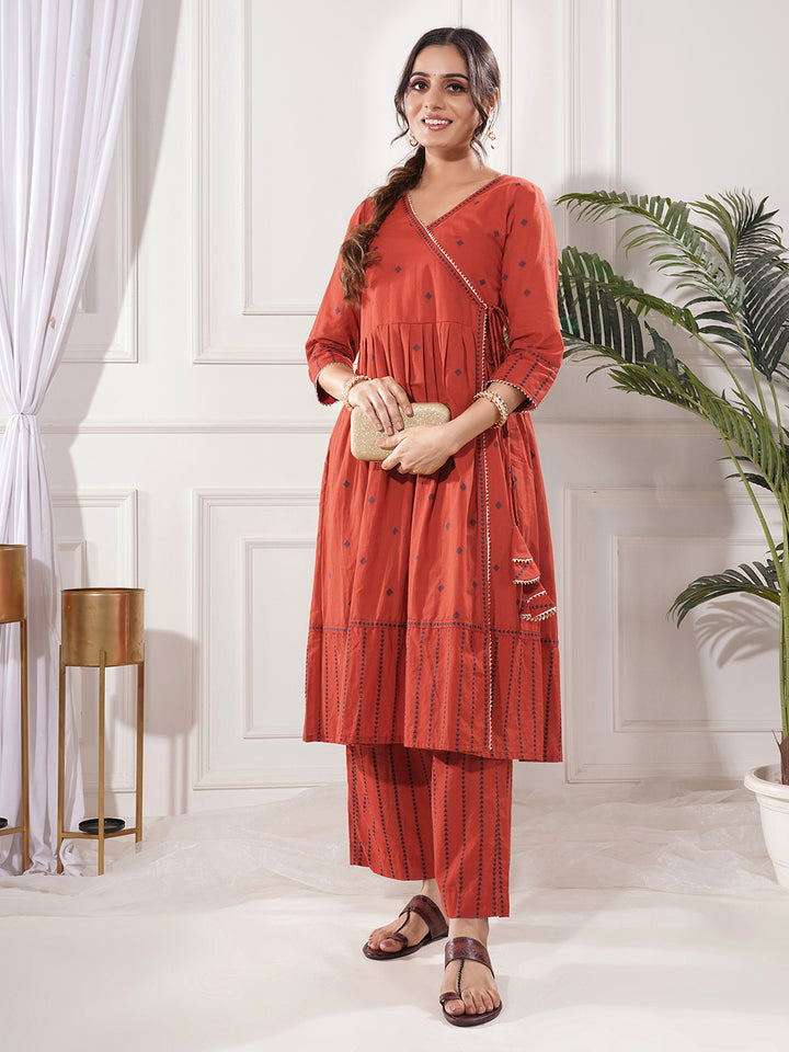 Raagini Red Cotton Angrakha 2-Piece Kurta Only Set
