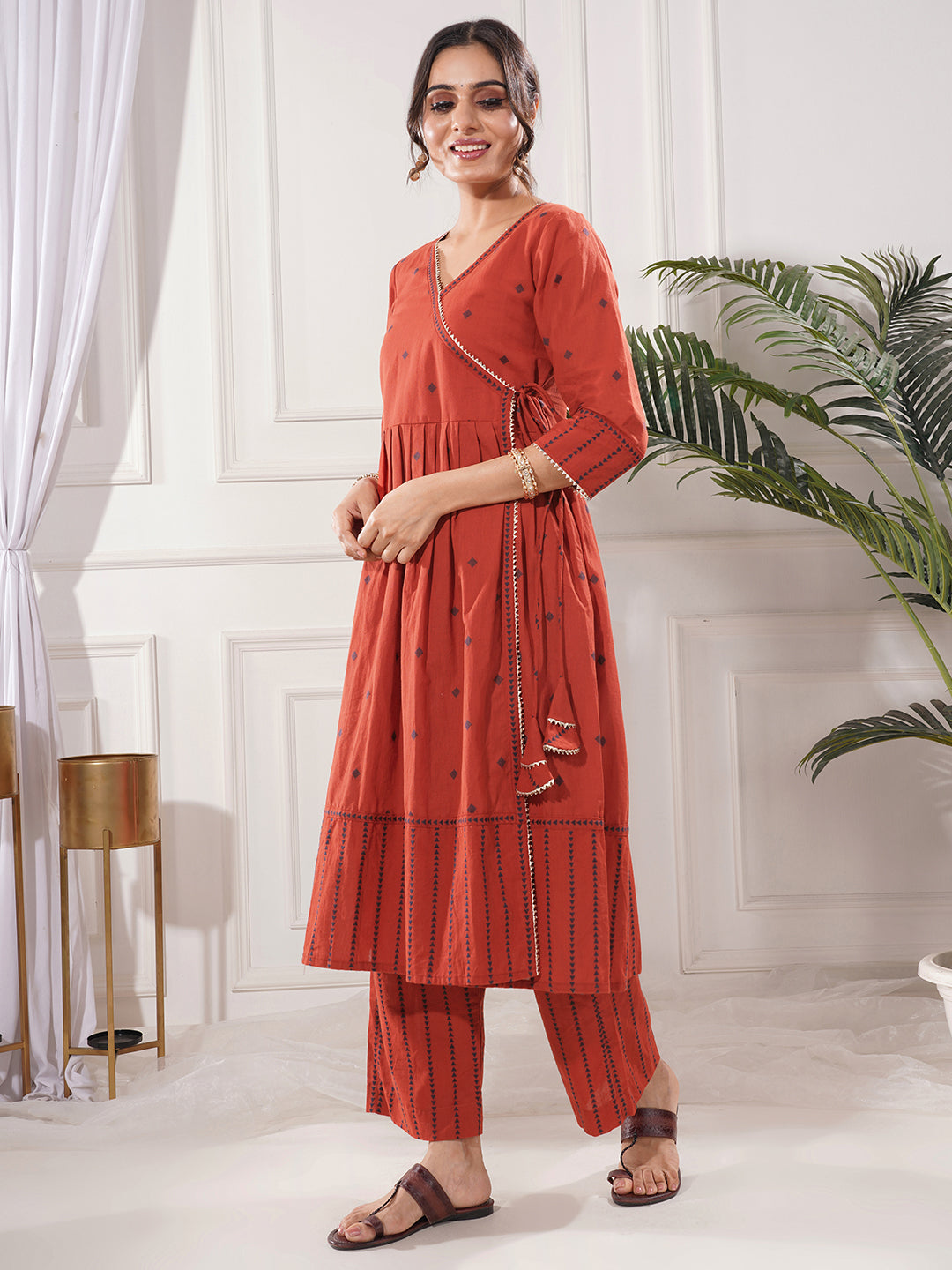 Raagini Red Cotton Angrakha 2-Piece Kurta Only Set