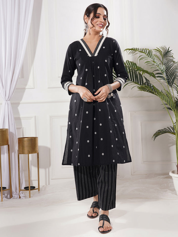 Rajni Black Cotton A-Line Kurta Only