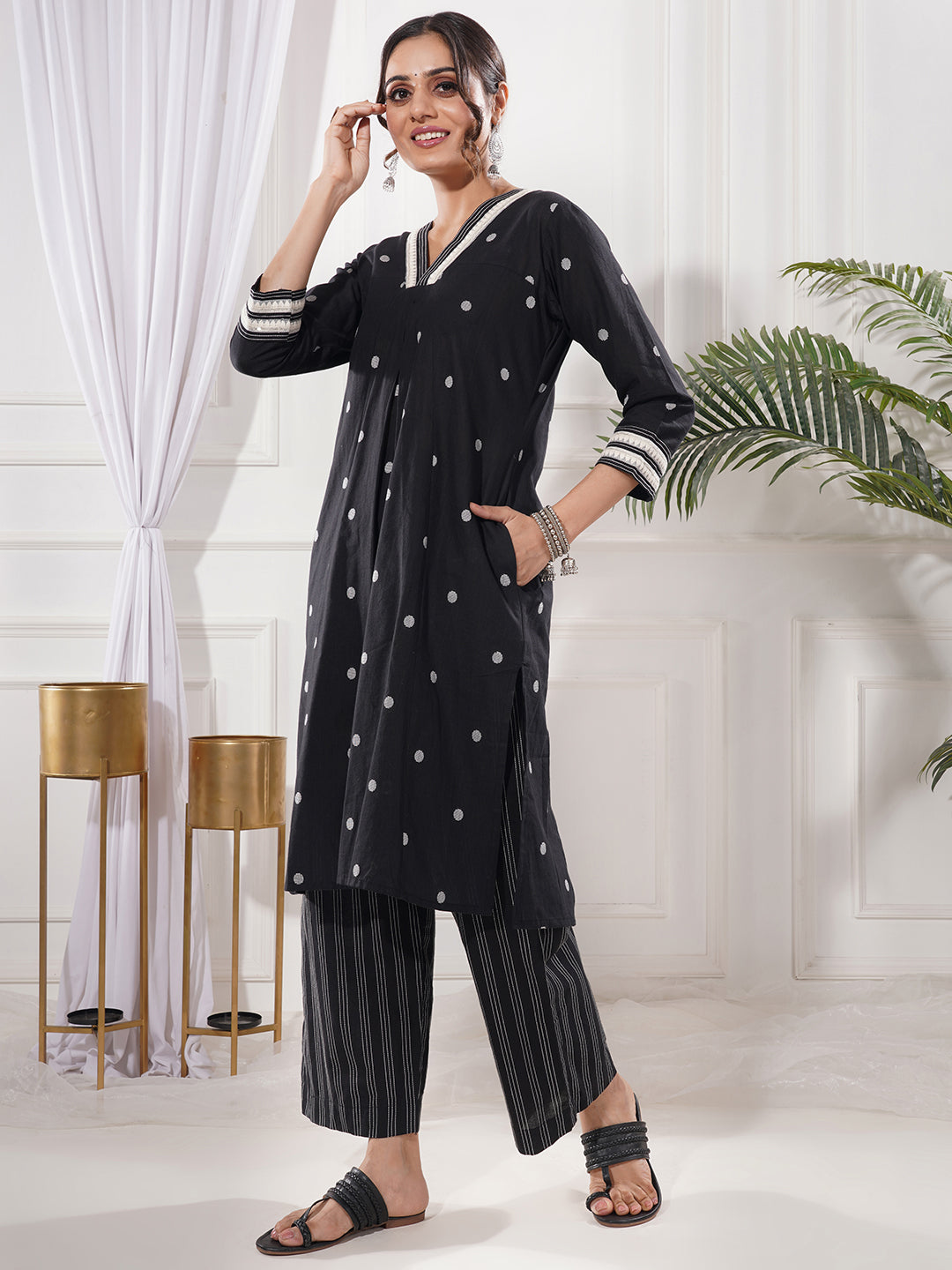 Rajni Black Cotton A-Line Kurta Only