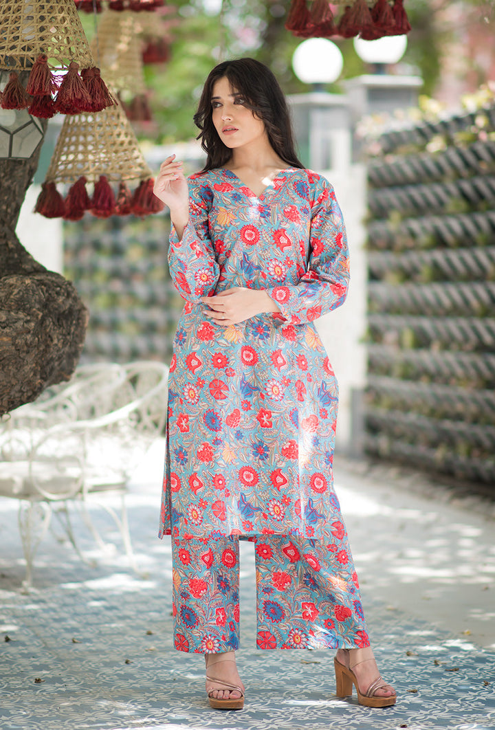 Rang-Blue-Bahar-Cotton-Hand-Block-Print-2-Piece-Kurta-Set