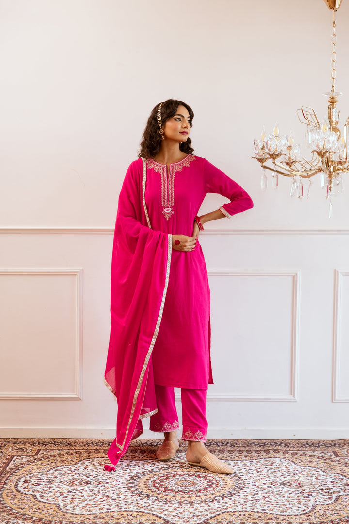 Rani-Pink-Mulmul-Straight-3-Piece-Kurta-Set