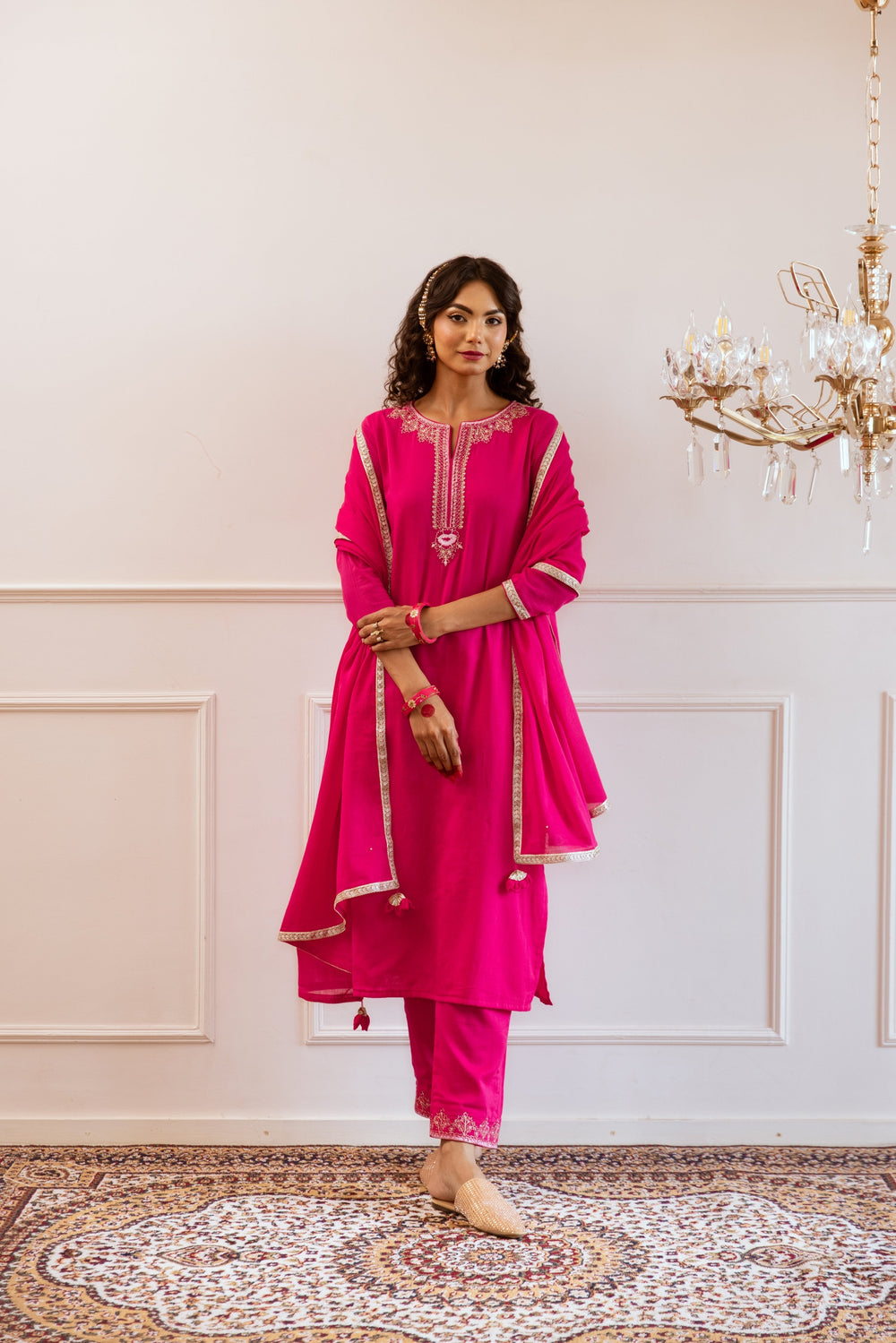 Rani-Pink-Mulmul-Straight-3-Piece-Kurta-Set