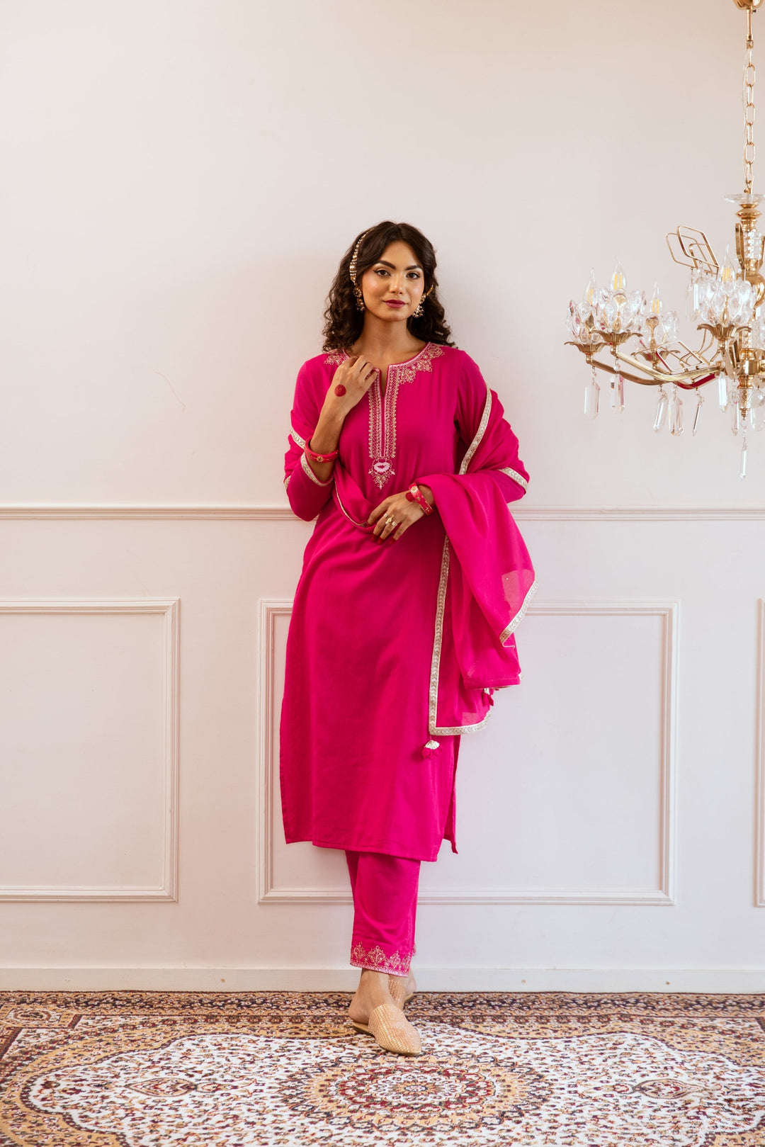 Rani-Pink-Mulmul-Straight-3-Piece-Kurta-Set