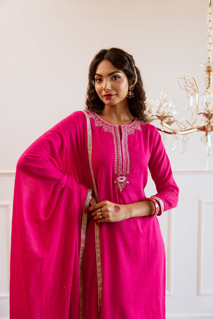 Rani-Pink-Mulmul-Straight-3-Piece-Kurta-Set