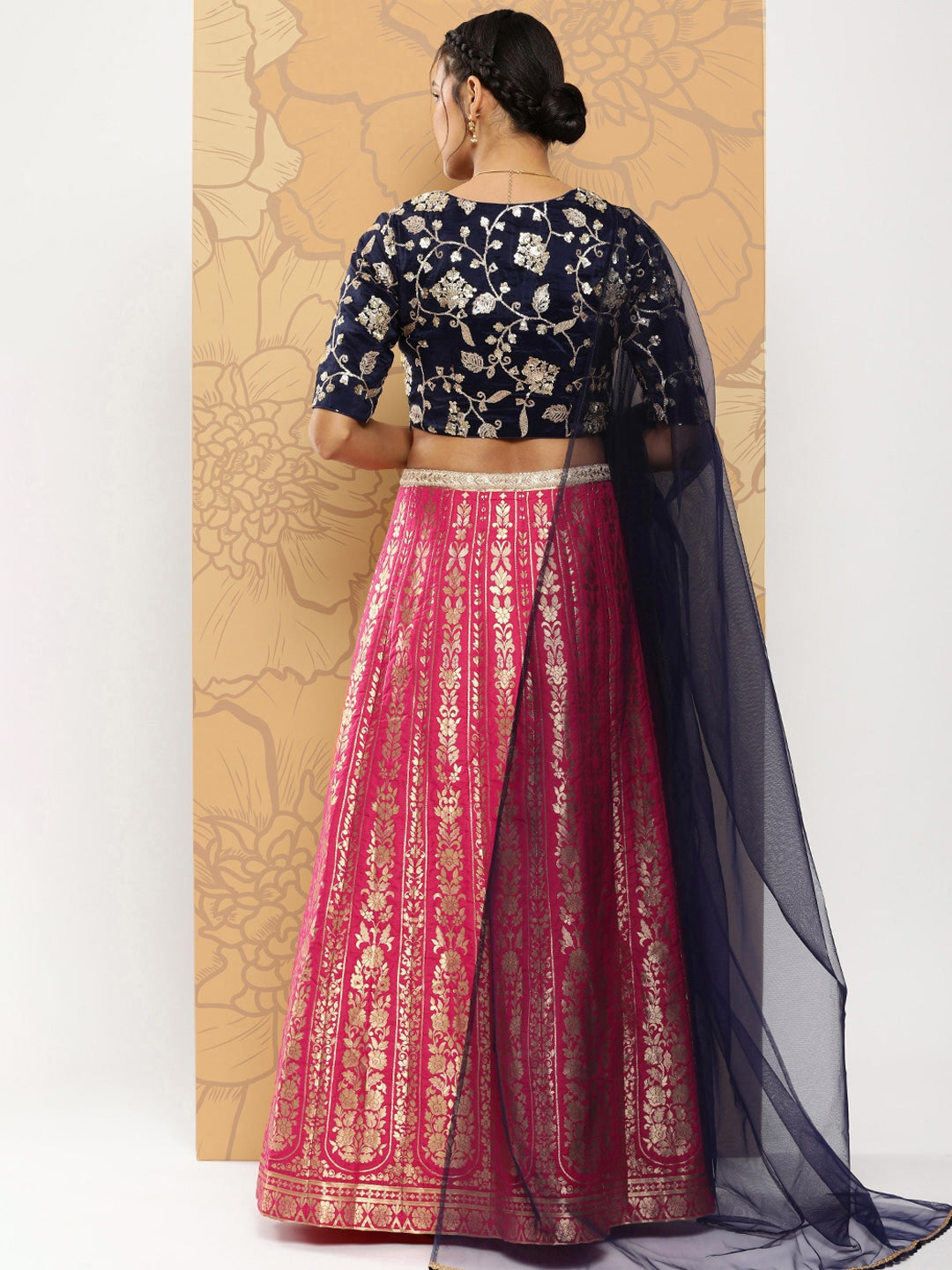 Rani Pink & Dark Blue Taffeta Jacquard Lehenga Set