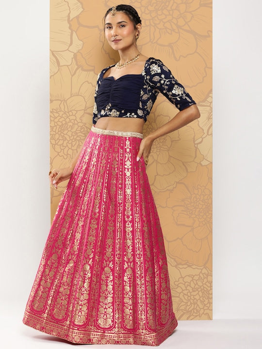 Rani Pink & Dark Blue Taffeta Jacquard Lehenga Set