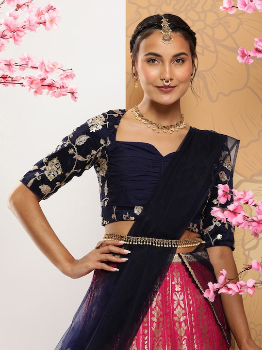 Rani Pink & Dark Blue Taffeta Jacquard Lehenga Set