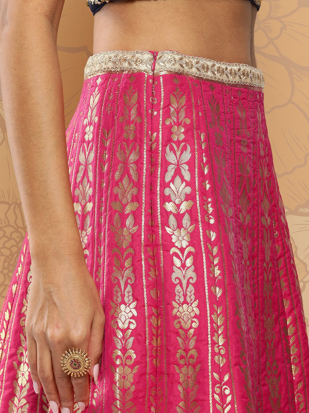 Rani Pink & Dark Blue Taffeta Jacquard Lehenga Set