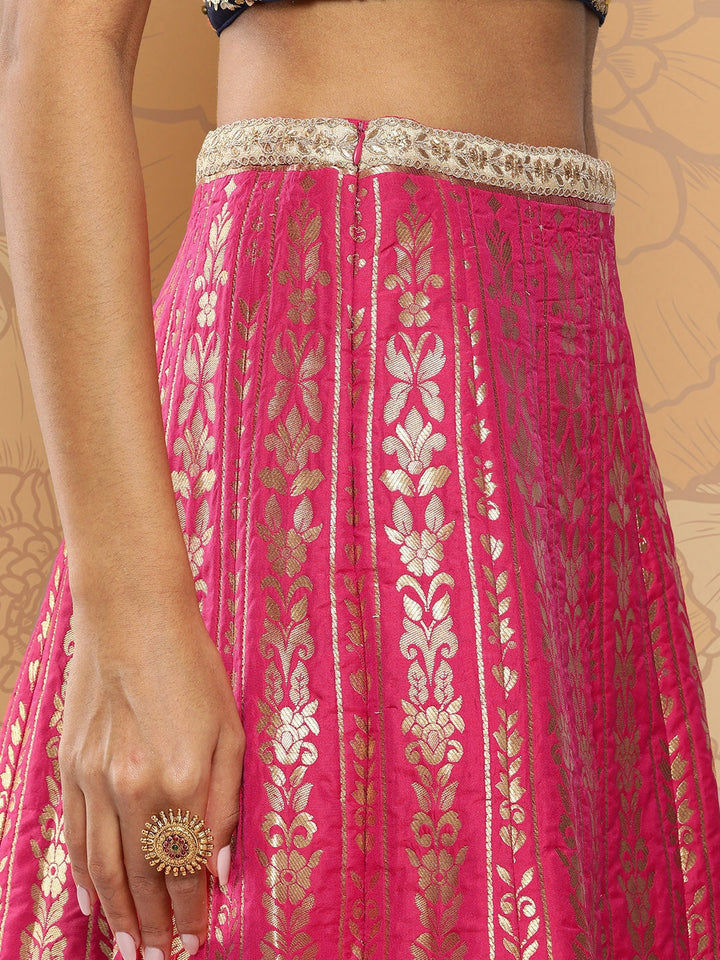 Rani Pink & Dark Blue Taffeta Jacquard Lehenga Set