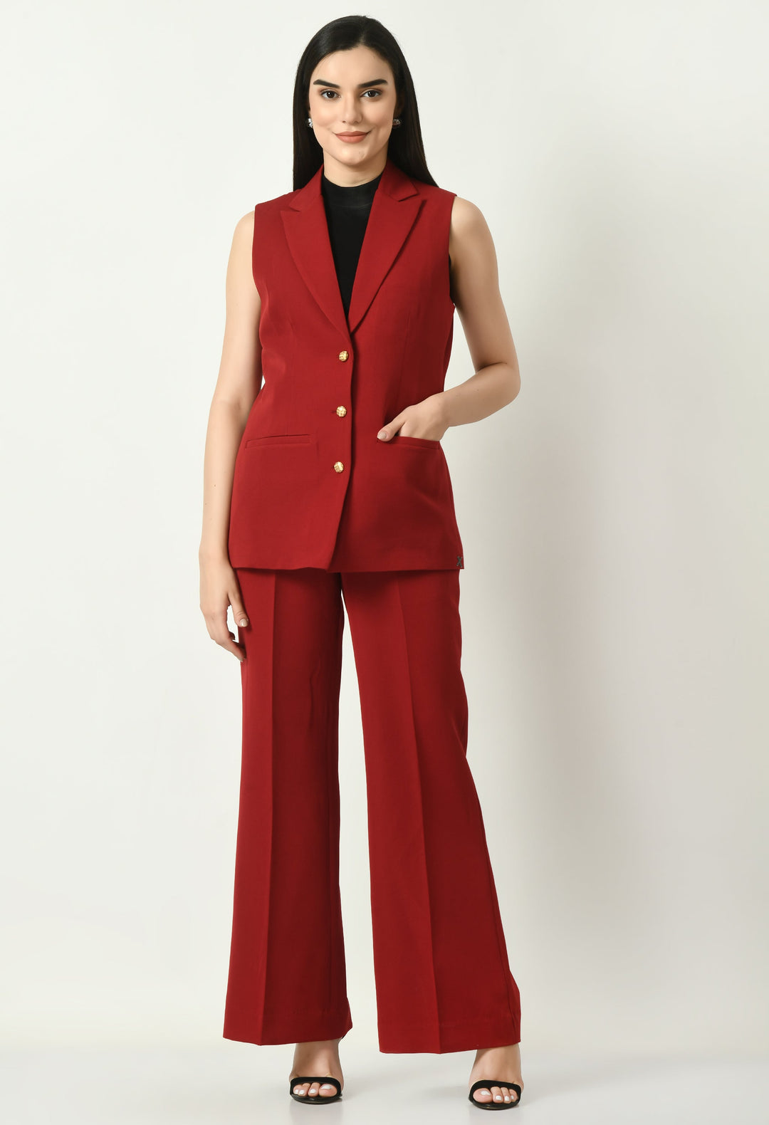 Red-Aspiration-Sleeveless-Blazer-With-Bootcut-Trouser