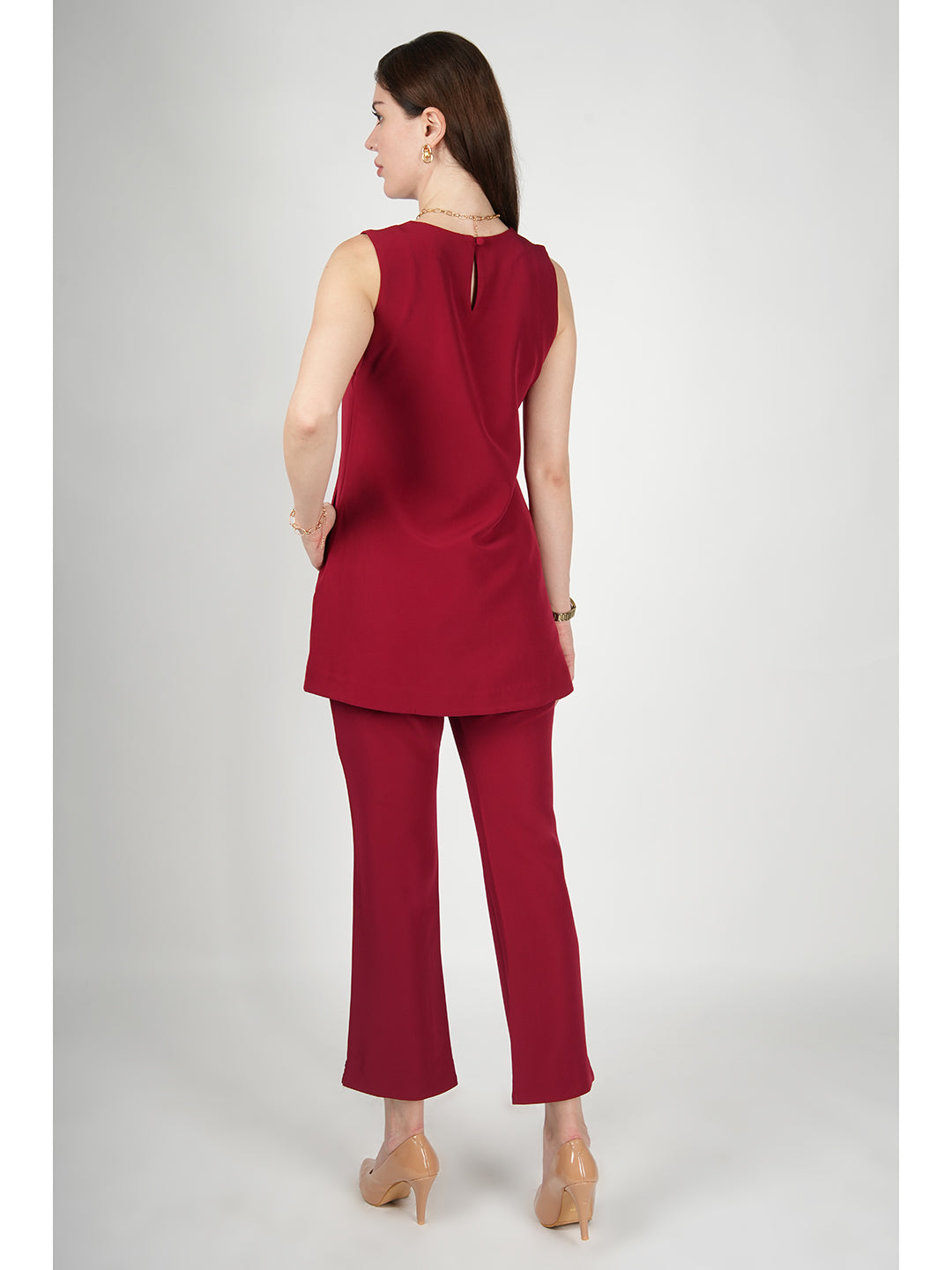 Red-Blended-Fabric-Resplendent-Thigh-Length-Co-Ord-Set