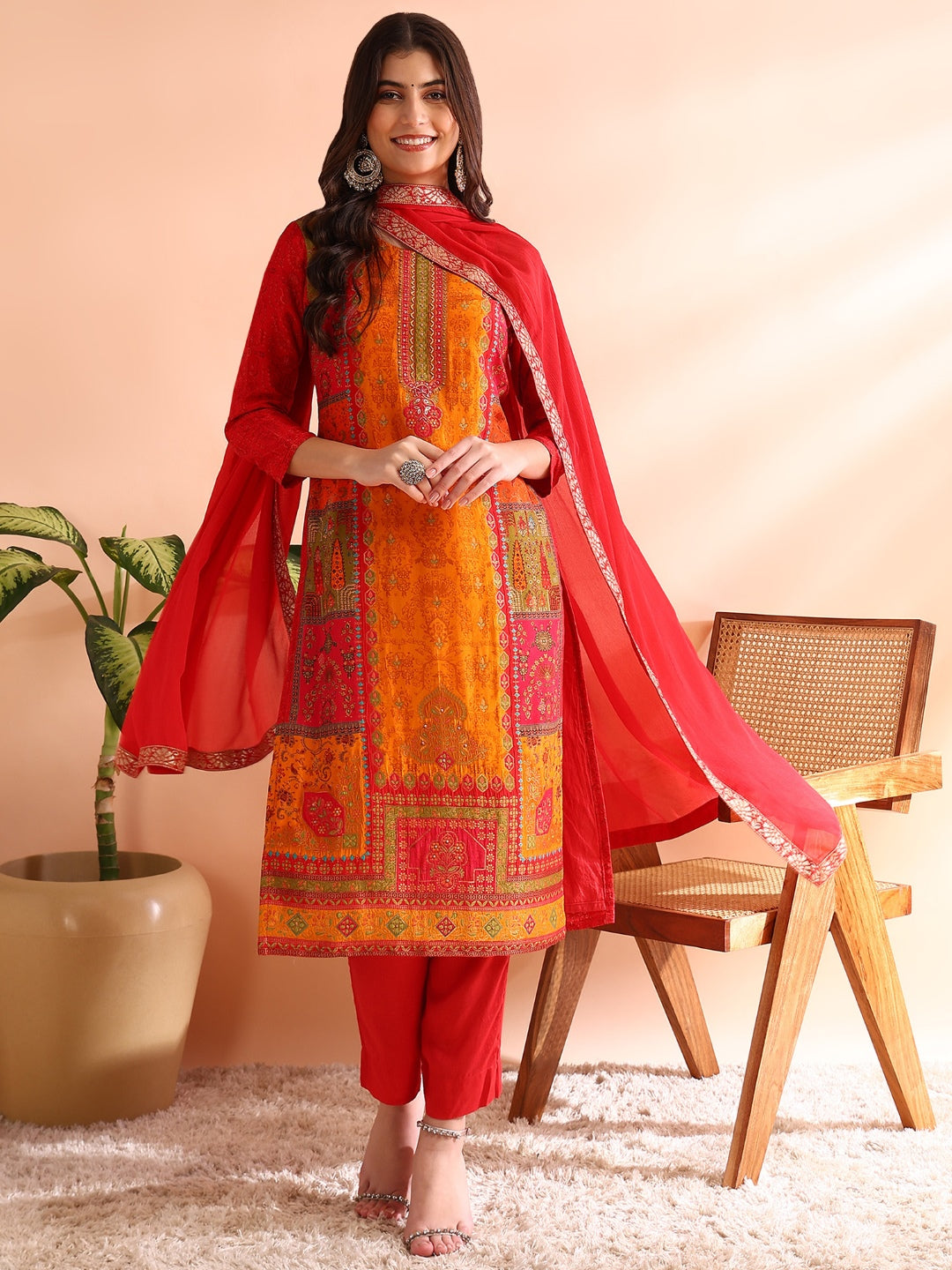 ZERESOUQ-Red-Chanderi-Silk-Ethnic-Motifs-Woven-Design-3-Piece-Kurta-Set