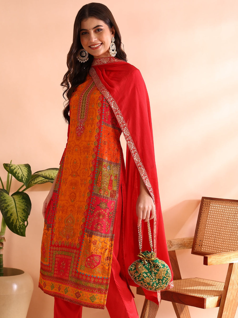 Red-Chanderi-Silk-Ethnic-Motifs-Woven-Design-3-Piece-Kurta-Set