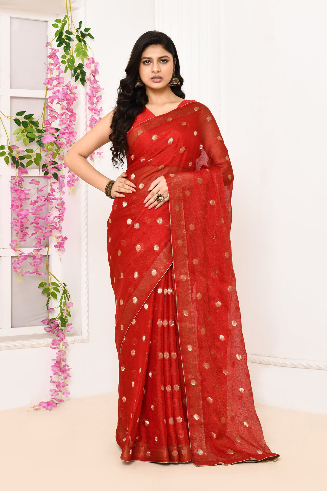 Red-Chiffon-Tissue-Saree-With-Golden-Polka-Dots